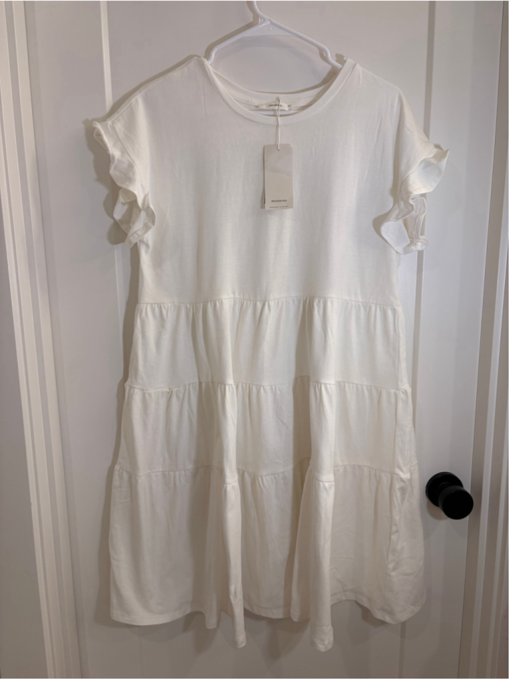 NWT Reserved White 100% Cotton Tiered Flutter Sleeve T-Shirt Mini Dress Large